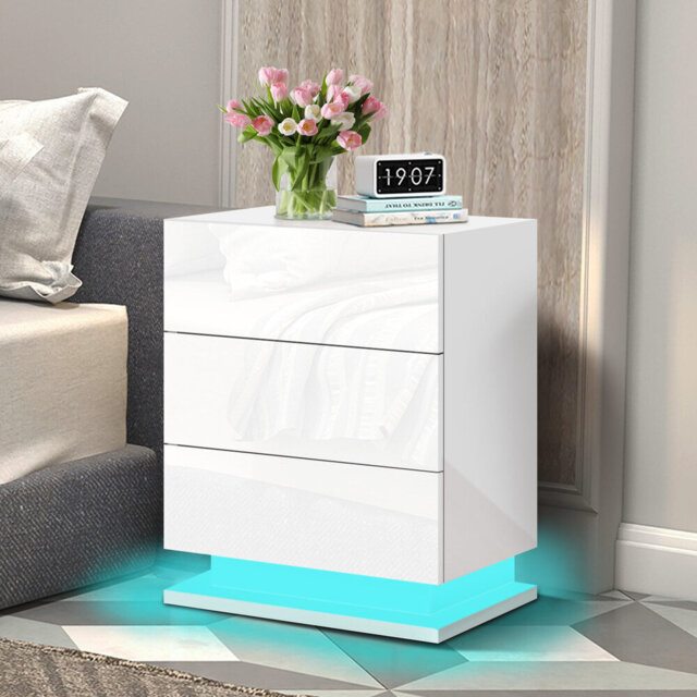 ELFORDSON Bedside Table LED Bedside Cabinet 3 Drawers 4 Side High Gloss Nightstand