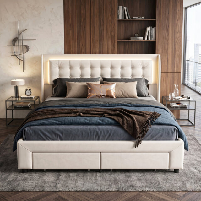 EU Kingsize Velvet Ottoman Bed with 2 Footboard Drawers & LED Headboard, Beige, 160x200cm