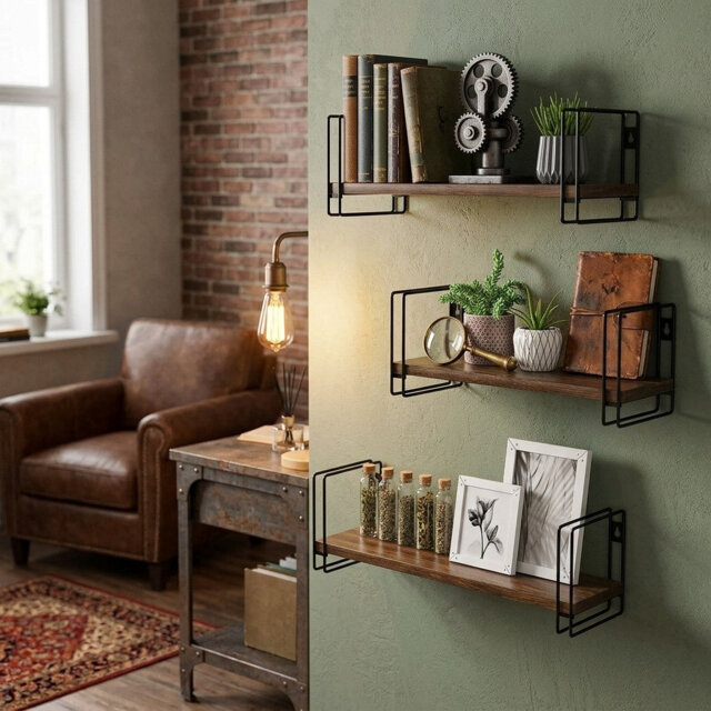 Modern Wood Floating Wall Shelves - Set of 3 with Black Frames