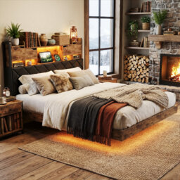 Floating Industrial Upholstered Storage Bed Frame With Charging Station, App Control LED & Hidden Headboard Compartment, 140X200cm Double / 160X200cm