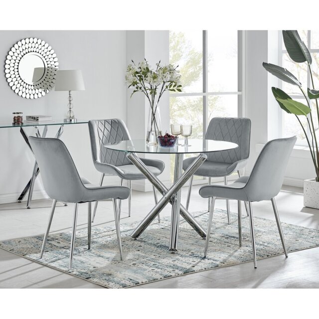 Seline Modern Round Dining Table Set in Glass and Chrome with 4 Luxury Velvet Leather Chairs