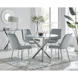 Seline Modern Round Dining Table Set in Glass and Chrome with 4 Luxury Velvet Leather Chairs