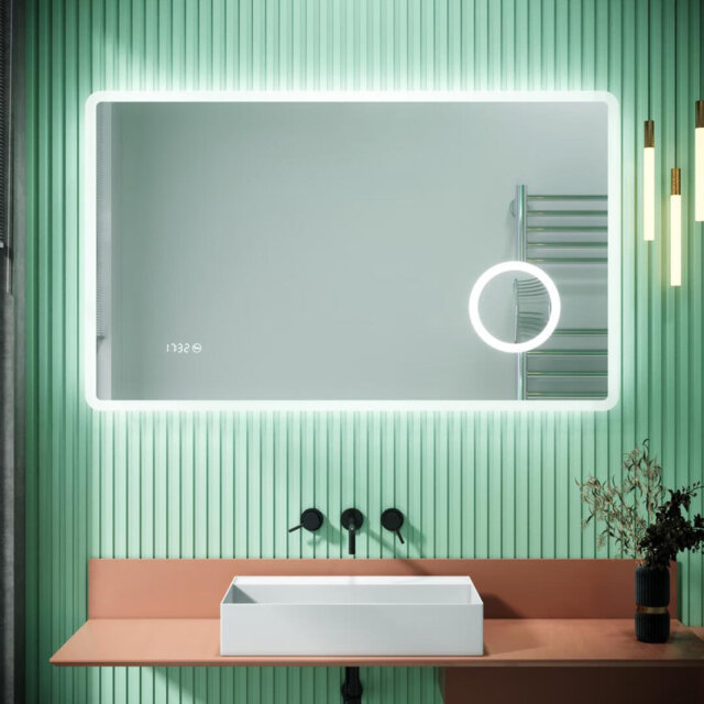 100*60cm, Bathroom Mirror - LED Light, Anti - Fog, with Clock and Magnifying Sub-mirror
