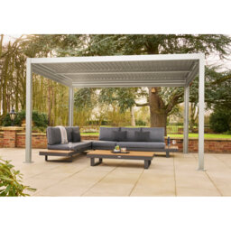 Nexus Beige Aluminium Pergola 3m x 4m with LEDs and 4 Pull Down Screens