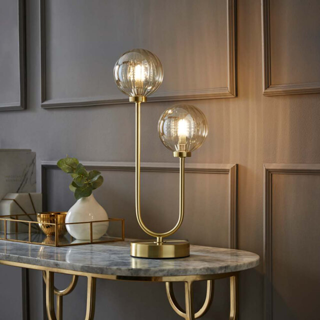 Chessy Asymmetric Ribbed Glass Globe Gold Dual 2 Way Stem Table Lamp & LED Bulbs