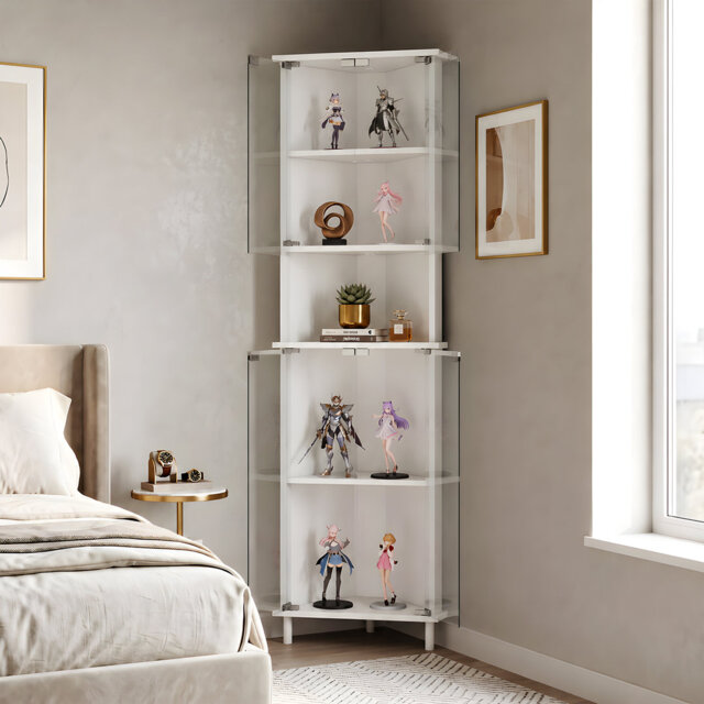 173cm Tall Corner Glass Display Cabinet with Wood Legs, 2-Tier Storage & Magnetic Doors, White