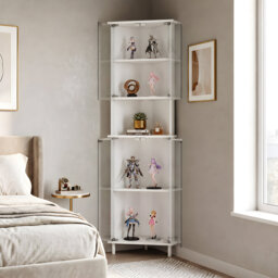 173cm Tall Corner Glass Display Cabinet with Wood Legs, 2-Tier Storage & Magnetic Doors, White