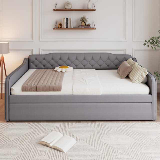 Grey Velvet 4FT6 Double Upholstered Daybed with Pull-Out Trundle, Sofa Bed Conversion, 135x190 cm