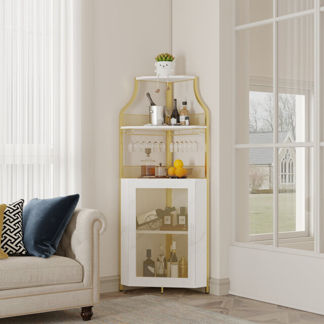 LED Corner Wine Bar Cabinet – 5-Tier Storage Buffet with Adjustable Shelves, Glass Holder, Removable Wine Rack – Industrial Dining Sideboard for Home