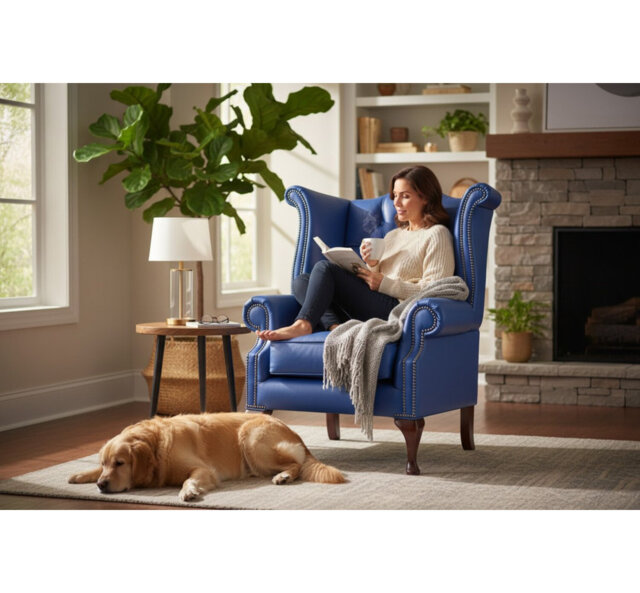 Special Offer Chesterfield Queen Anne High Back Wing Armchair Vita Marine Blue Leather