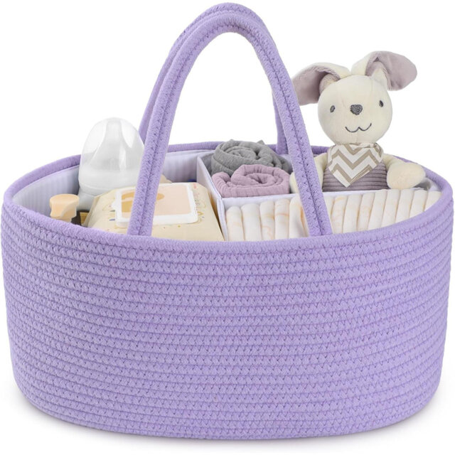 Nappy Caddy, Cotton Rope With Removable Dividers - Portable Baby Nursery Storage For Diapers, Wipes, Creams - Newborn Essentials Purple
