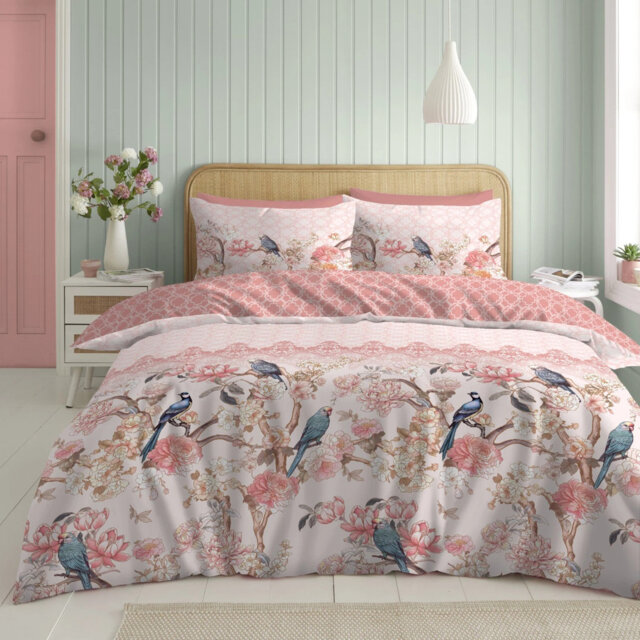 Birdie Blossom Duvet Cover Set with Matching Pillowcases - Polycotton Washable Bedding - Available in Single Double King