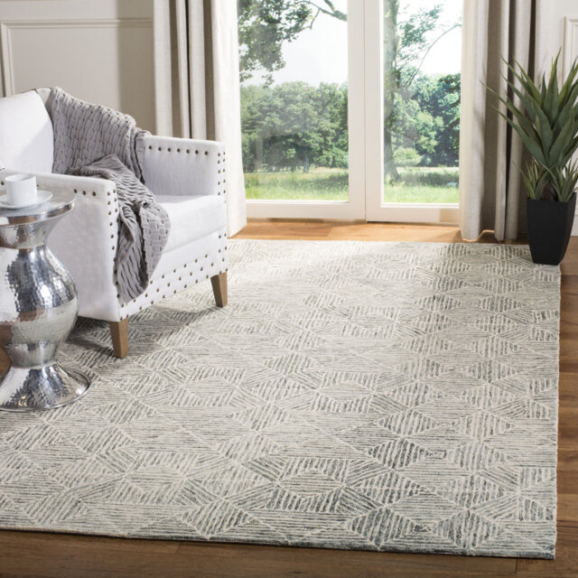 Linsly Geometric Handmade Tufted Wool/Cotton Light Green/Ivory Area Rug