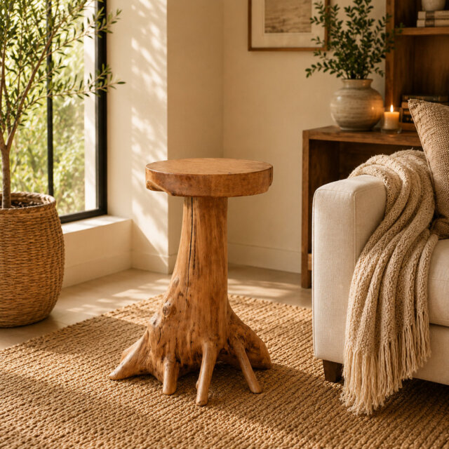 Modern Solid Wood Tree Stump End Table Natural Teak Rustic Side Table Handcrafted Coffee Table