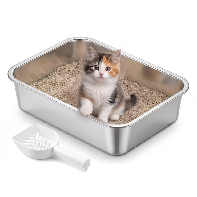Stainless Steel Litter Box, Open Top Cat Litter Tray With Scoop, Non-Stick, Odour-Free, Easy To Clean, S, 40 X 30 X 10 Cm For Kittens, Small Cats