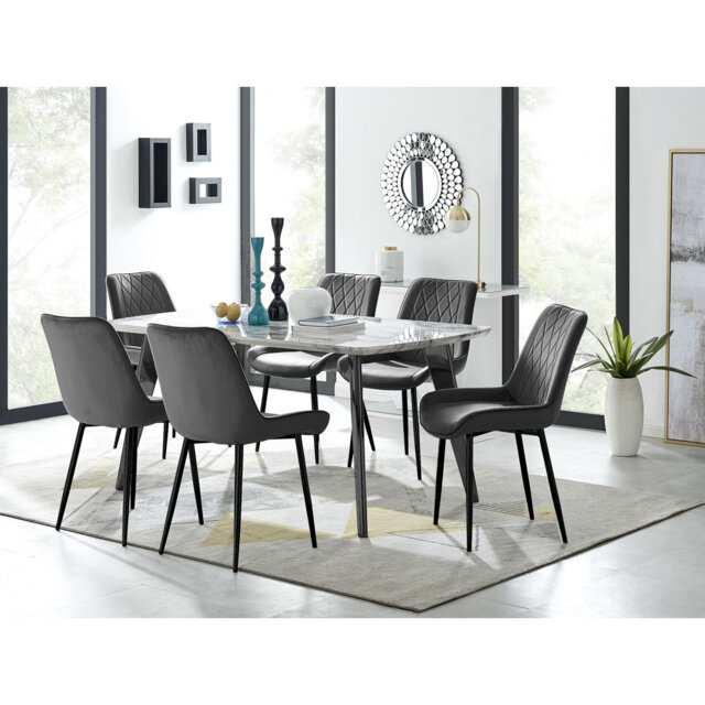 Anders Modern High Gloss Marble Effect Dining Table Set with 6 Luxury Velvet Dining Chairs