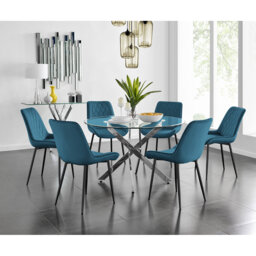 Tierra Modern Chrome Metal & Glass Round Dining Table Set with 6 Luxury Faux Leather Chairs