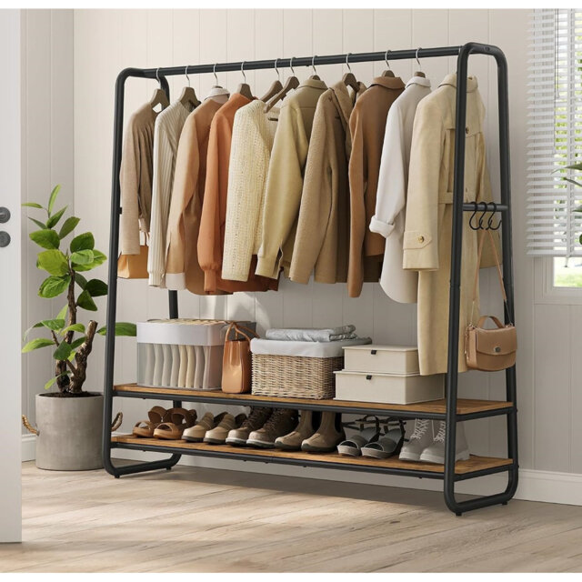 Clothes Rail, Clothes Rack With 2 Shelves, 6 S-Shaped Hooks, Steel Frame