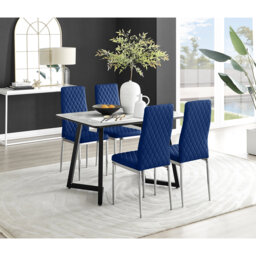 Benia White & Grey Marble Effect Dining Table Set with x4 Luxury Velvet Upholstered Dining Chairs