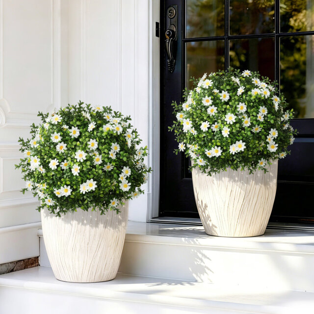 Artificial Daisies Flower Outdoor, 2 Pack Artificial Boxwood Topiary Ball, Fake Plants Plastic Shrubs Faux Evergreen Greenery for Front Door Garden In