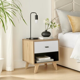 Bonnet Matte Off White and Wood Bedside Cabinet - Mid Century Modern Bedside Table with One Drawer