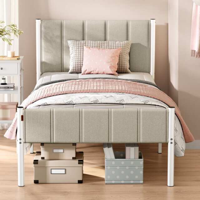 Single Metal Bed Frame with Upholstered Headboard