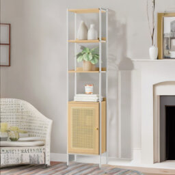 Rattan-Like Narrow Bookcase Storage Cabinet With 2 Open Adjustable Shelves