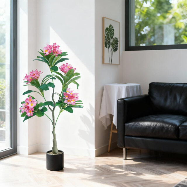 120cm/4FT Artificial Plumeria Tree, Pink Faux Silk Flower Floor Plant with White Decorative Pot, UV Resistant for Indoor Home Office Decor