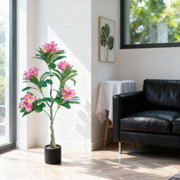 120cm/4FT Artificial Plumeria Tree, Pink Faux Silk Flower Floor Plant with White Decorative Pot, UV Resistant for Indoor Home Office Decor