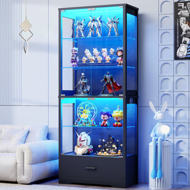 "71"" Tall 5-Tier Display Cabinet with Glass Doors and Storage Drawer"