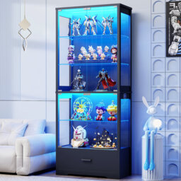 "71"" Tall 5-Tier Display Cabinet with Glass Doors and Storage Drawer"