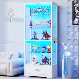 "71"" Tall 5-Tier Display Cabinet with Glass Doors and Storage Drawer"