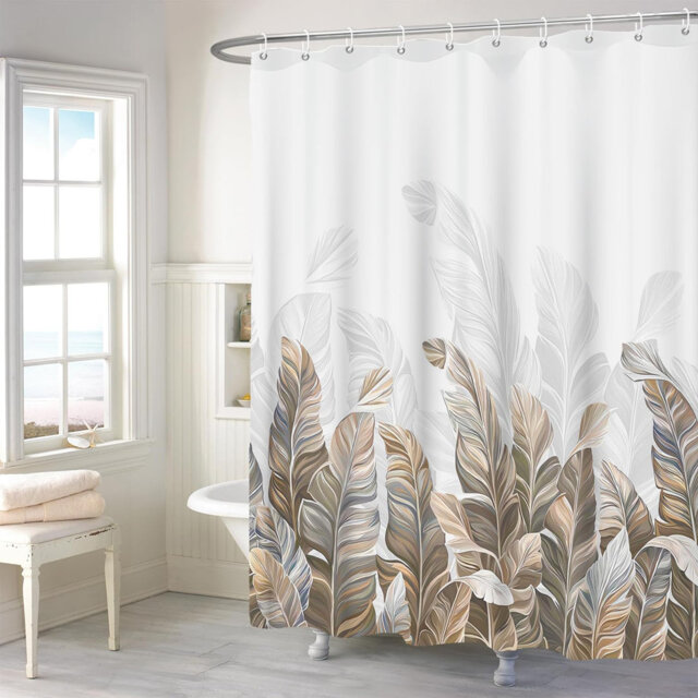Pack of 1 Brown Leaves Minimalist Fabric Bath Curtain with Hooks