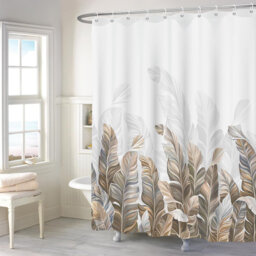 Pack of 1 Brown Leaves Minimalist Fabric Bath Curtain with Hooks