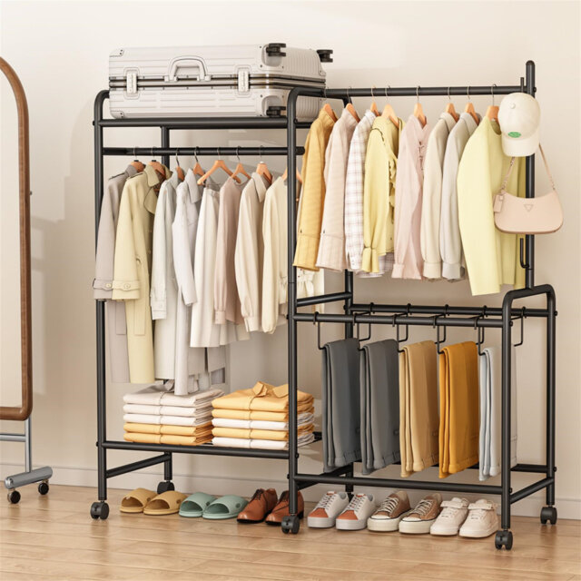 Heavy Duty Clothes Rail With Wheels, Metal Clothing Rack With Trouser Rack, Top Shelf, 4 Hooks & 5 Trouser Hangers, Sturdy Wardrobe Clothes Rail For B
