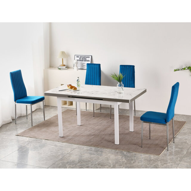 Jade White Sintered Stone Extending Dining Table with 4 Monza Velvet Chairs
