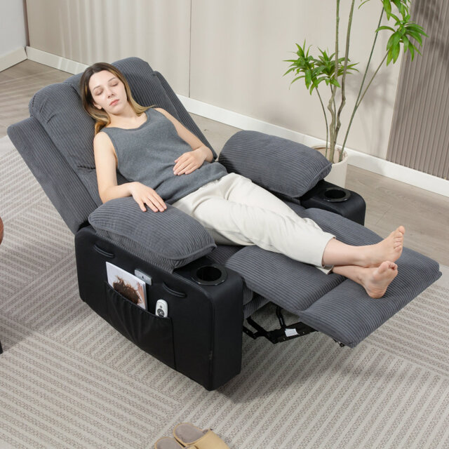 Inbox Zero Upholstered Power Recliner Chair with Heat & Vibration Massage, USB Charging Wall Hugger