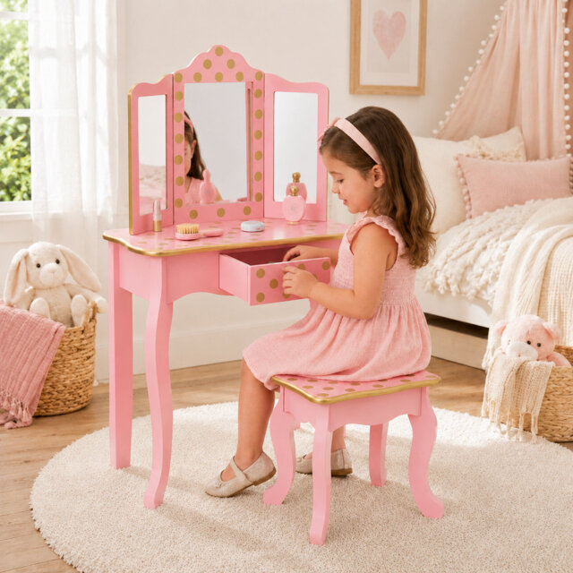 Teamson Kids Gisele Wooden Play Vanity Set with Tri-Fold Mirror, Storage Drawer, Matching Stool and Kids Makeup Table for Ages 3+