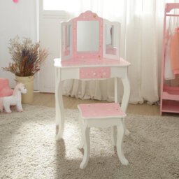 Teamson Kids Gisele Wooden Play Vanity Set with Tri-Fold Mirror, Storage Drawer, Matching Stool and Kids Makeup Table for Ages 3+