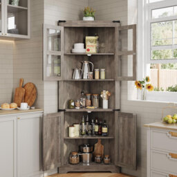 "Rustic Farmhouse Tall Corner Cabinet - 18.4"" x 26"" x 67"" Storage Cabinet with Glass Doors & Adjustable Shelves, Corner Display Cabinet for Kitchen, Li"