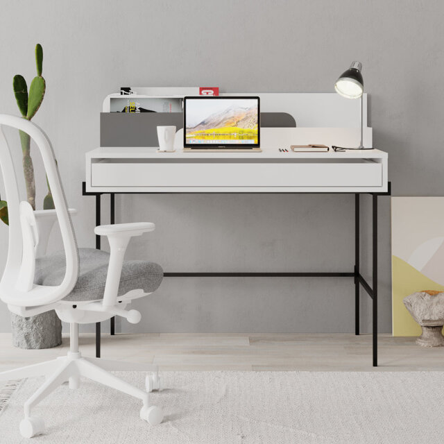 Demileigh Modern Office Desk with Storage Compartments and Metal Legs