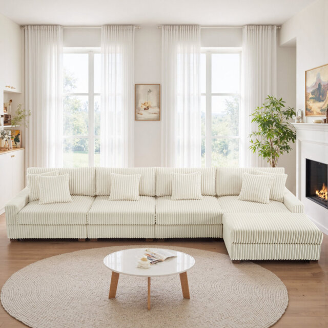 5 - Piece Upholstered Faux Rabbit Fur Flannel Modular Sectional Sofa with Throw Pillows & Removable Ottomans
