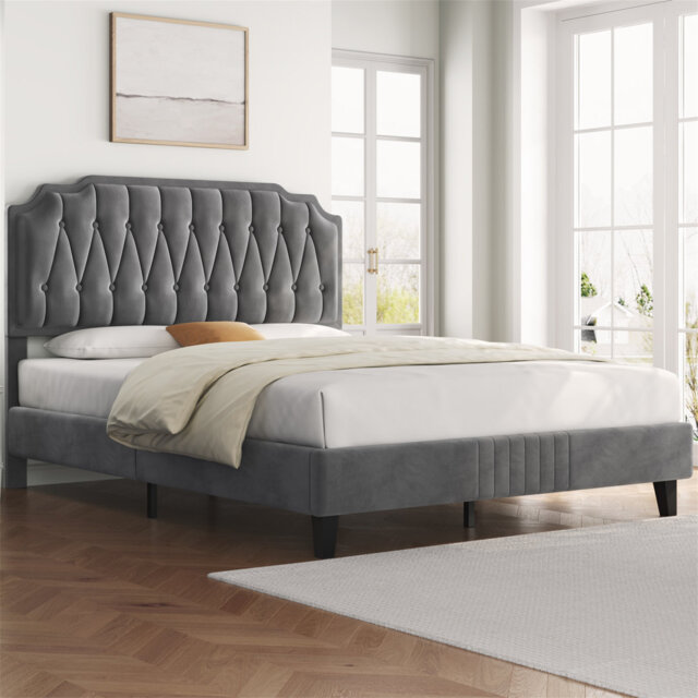 Upholstered Bed Frame with with Diamond Button-Tufted Headboard