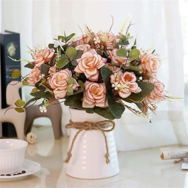 Artificial Flowers In Vase Silk Rose Flower Arrangements Fake Faux Flowers Bouquets With Ceramics Vase Table Centerpieces For Dinning Roon Table Kitch