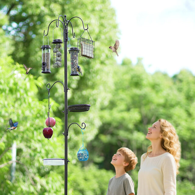 Bird Feeder Station Kit, 238 CM Bird Feeders Pole with 5-Prong Base, with 7 Hooks, 5 Feeders, 1 Bath Tray, Easy to Use, 1 Set in Black