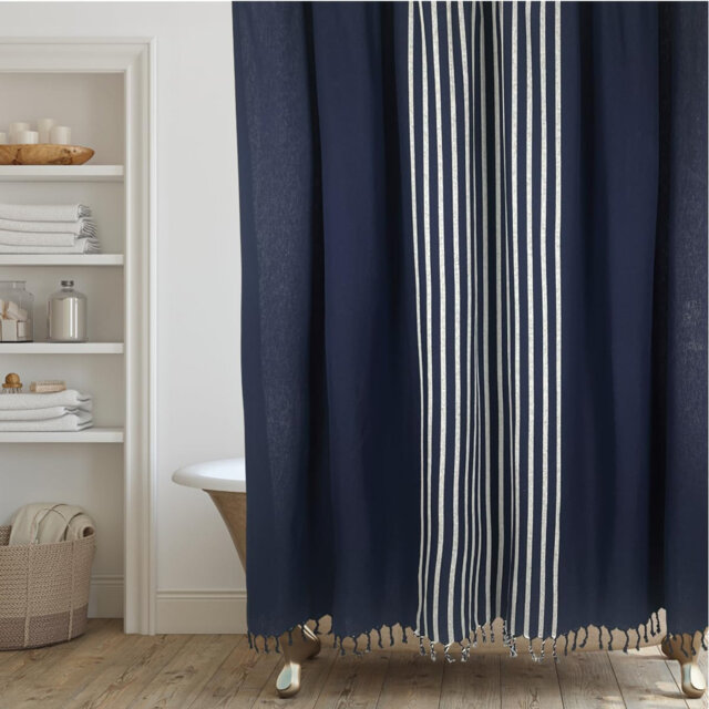 "Modern Navy Stripe Shower Curtain with Tassels, White Stripes, 100% Cotton, 72""x72"""