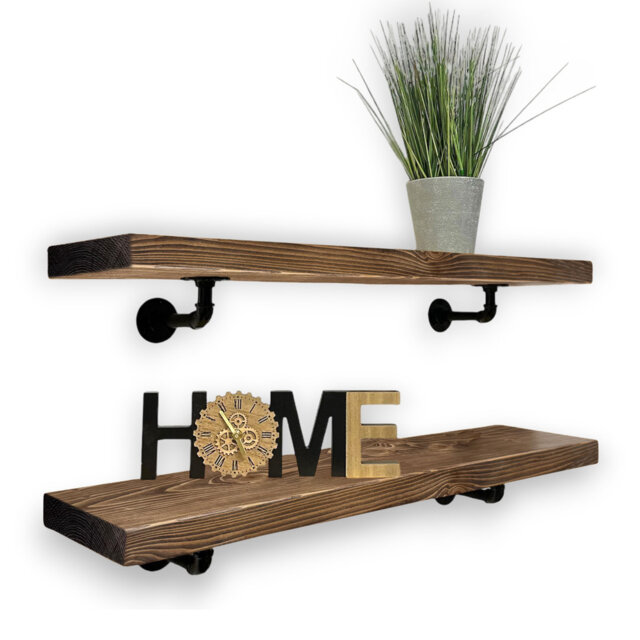 2-Piece Rustic Industrial Pipe-Bracketed Floating Wall Shelves Ideal For Kitchen DÃ©cor & Storage