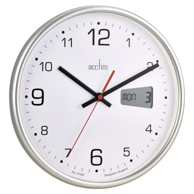 Acctim Kalendar Wall Clock Non-Ticking Sweep LCD Digital Display Energy Efficient Silver 27cm