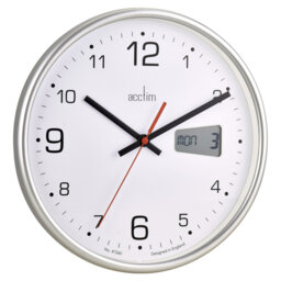 Acctim Kalendar Wall Clock Non-Ticking Sweep LCD Digital Display Energy Efficient Silver 27cm