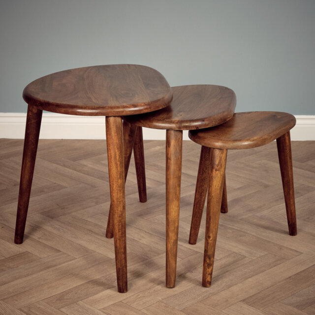 3 Piece Nesting Coffee Table Set – Solid Mango Wood Nest Of Tables In Light Oak Finish, Modern Wooden Side Tables For Living Room, Scandinavian Style